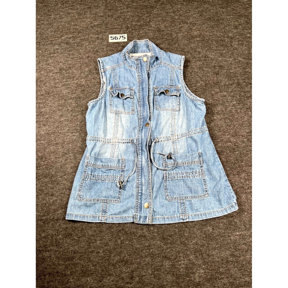 LAL Live a Little Vest Women Medium Blue Denim Cotton Drawstring Waist Mock Neck